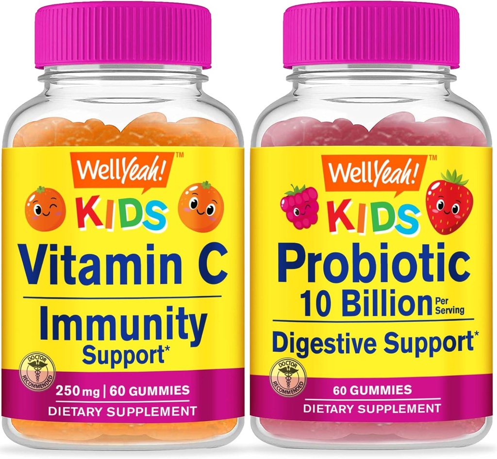 WellYeta Vitamin C Kids + Probiotics 10B Kids, Gummies Bundle - Μεγάλη γεύση, συμπλήρωμα βιταμίνης, χωρίς γλουτένη, GMO δωρεάν, μασώμενη κοιλιά