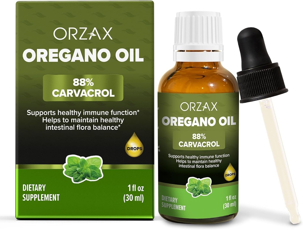 ORZAX Oregano Oil Drops with Olive Oil - 88% Carvacrol και 0.3% Thymol - Μη ΓΤΟ & Χωρίς ζάχαρη & Χωρίς γλουτένη & Vegan - Βότανο συμπλήρωμα για ανοσοποιητική υποστήριξη και Digestive Health - 30 ml - 200 Day Supply