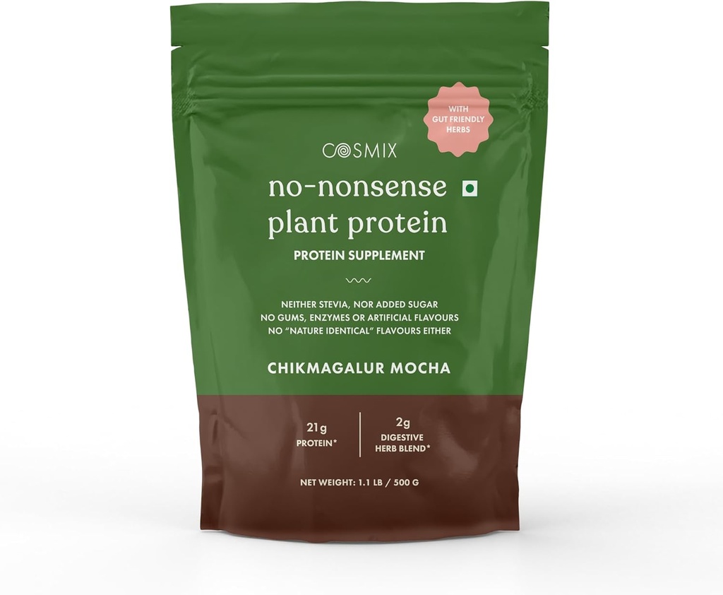 Cosmix No Nonsense Plant protein | Organik Brown Rice & Pea Isolate | Easy Digestion | 24G protein /Serving | Gluten & Lactose Free | (Chikmagalur Mocha, 500g)