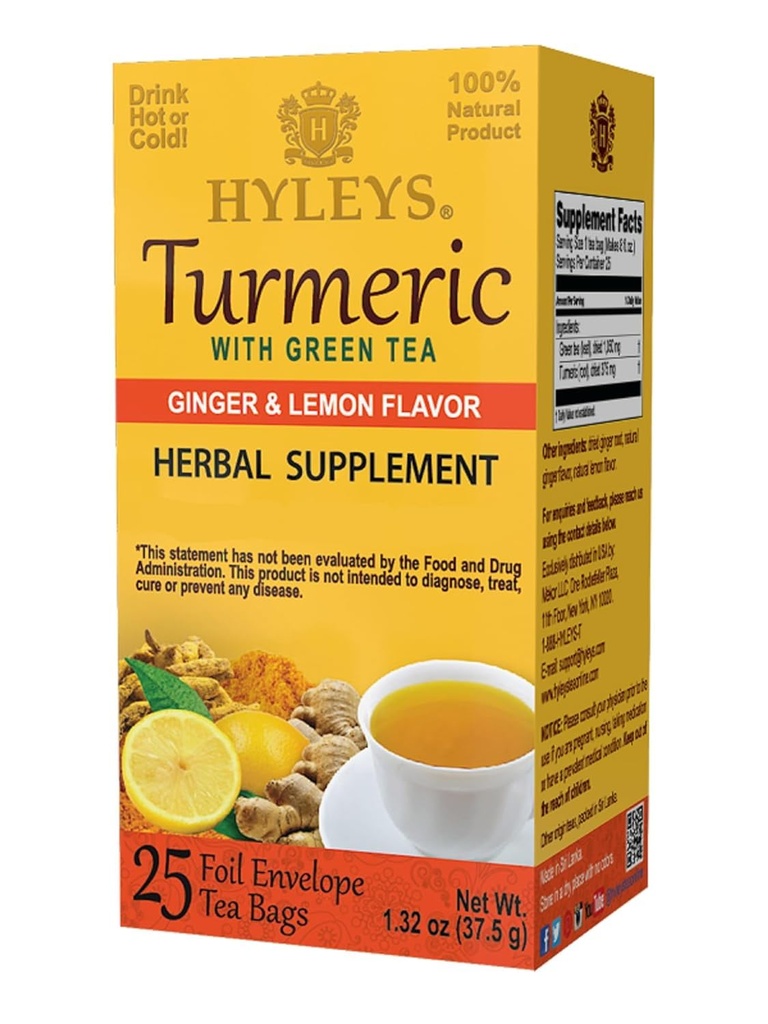 Hyleys Ginger Turmeric Tea Lemon Flavor - 25 Çay Çanta (6 Pack - 150 Tea Bag Total) - Wellness Herbal Supplement Green Tea