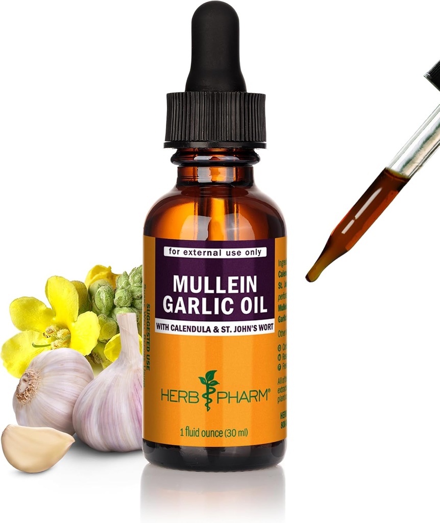 Herb Pharm Mullein Garlic Herbal Oil - Calendula, Garlic, Mullein çiçeği, St. John's Wort, Olive Oil, 1 Ounce