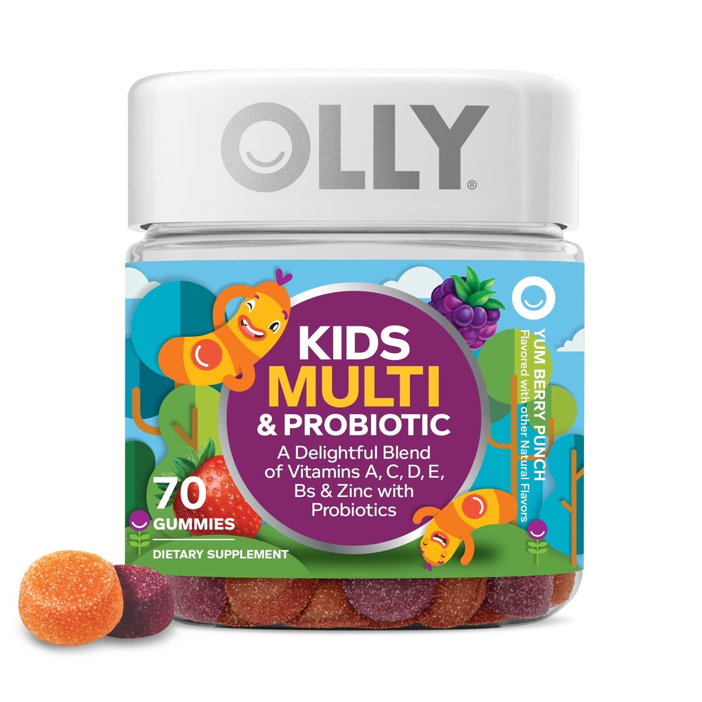 OLLY Kids Multivitamin & Probiotic Gummy, Digestive Support, Vitamins A, D, C, E, B, Zinc, Chewable Supplement, Berry Flavored, 35 Day Supply - 70 Count