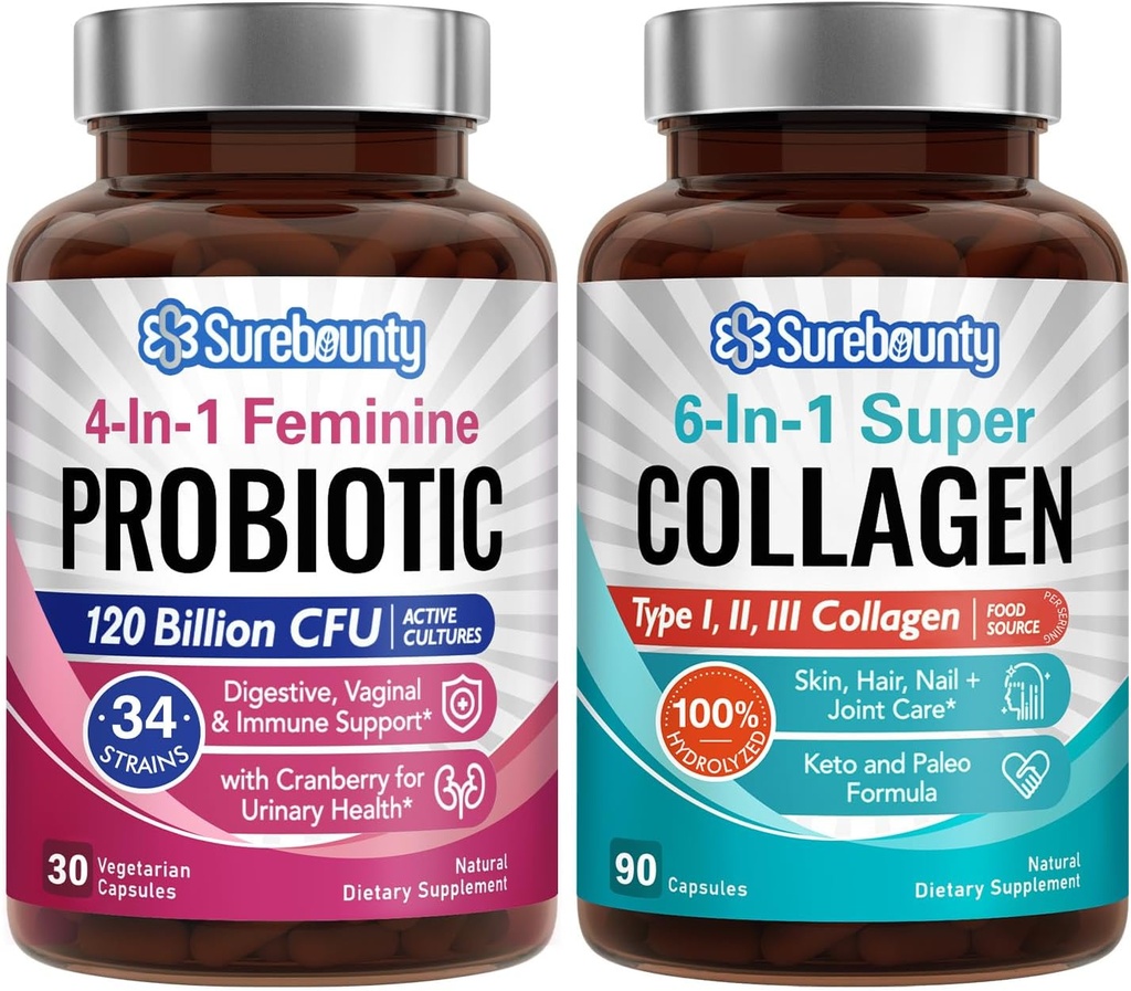 Probiotic + Collagen Bundle, 4-in-1 Feminine Probiotic (30ct) & 6-in-1 Super Collagen (90ct), 2 συσκευασίες, Cranberry, Digestive & Healthy Υποστήριξη γήρανσης, Μη ΓΤΟ