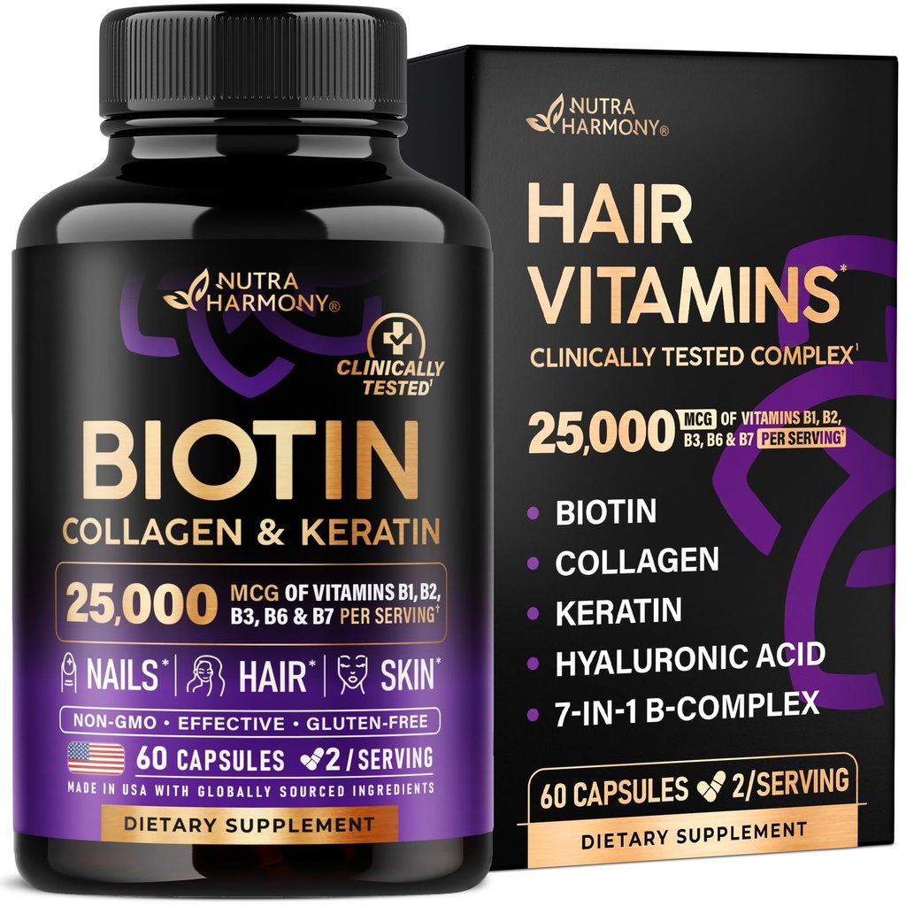 NUTRAHARMONY Biotin | Collagen | Hyaluronic Asit | Keratin - Normal Saç Büyümesini Destek - Skin & Nails - 25000 Cidden B1, B2, B3, B6 & B7 - Kadınlar için - ABD'de Yapılan