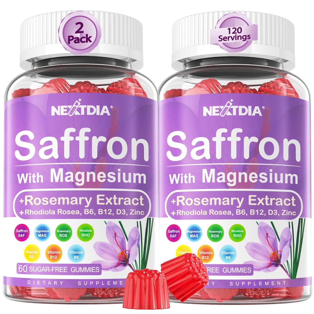 Saffron Supplements Gummies - 4 Ay Supply - Saffron Extract 177mg 88.5 mg, w/Magnesium Glycinate 400 mg 200 mg, Rhodiola Rosea, Rosemary, B6 B12 D3, Calm, Nerve, Rest, Focus, Sugar-Free, 2 Pack