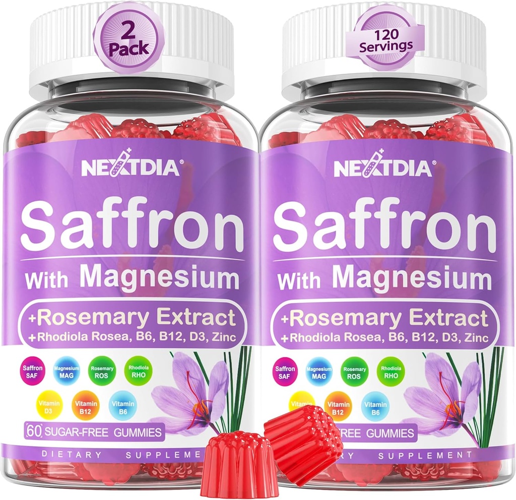 Saffron Supplements Gummies - 4 Ay Supply - Saffron Extract 177mg 88.5 mg, w/Magnesium Glycinate 400 mg 200 mg, Rhodiola Rosea, Rosemary, B6 B12 D3, Calm, Nerve, Rest, Focus, Sugar-Free, 2 Pack