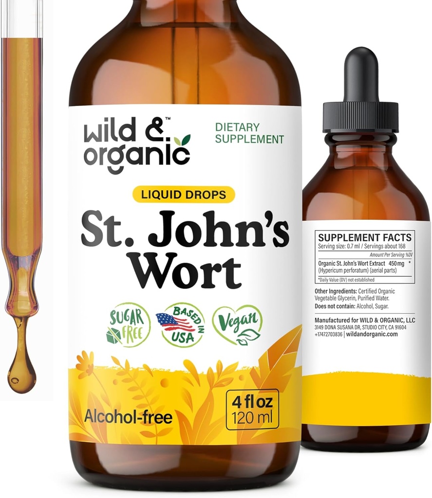 Wild & Organic St Johns Wort Tincture - Mood Support - Calming St John's Wort Supplement - Hipericum Perforatum Herbal Liquid Drops - Vegan, Sugar & Alkol Free - 4 fl ozz