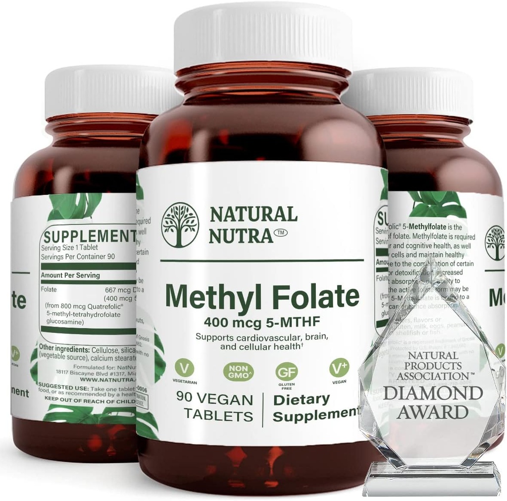 Natural Nutra Active methyl folate Supplement with Quatre folic, Support Heart and Body Health, Βοηθά την υγεία του εγκεφάλου, Βελτιώνει τις θετικές δονήσεις, Help Reduce Bone-Tired, B9, 90 Vegan Tablets (Pack of 2)