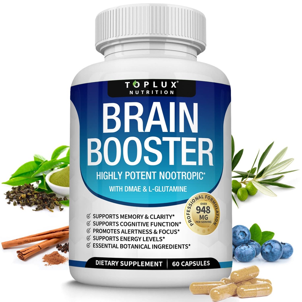 Toplux Συμπλήρωμα εγκεφάλου Nootropic – χάπια εγκεφάλου Βιταμίνη με DMAE, Bacopa Monnieri, L-Gutamine, για άνδρες γυναίκες, 60 κάψουλες, διατροφή