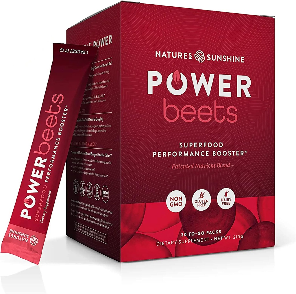 Nature's Sunshine Power Beets – Πατενταρισμένο θρεπτικό μείγμα από σκόνη ρίζας τεύτλων και θρεπτικά συστατικά για την προώθηση της απόδοσης, της νοητικής καθαρότητας, & της ζωτικότητας – Μη-ΓΤΟ, χωρίς σόγια και γλουτένη – 30 Σερβιέτες για να-Go Πακέτα