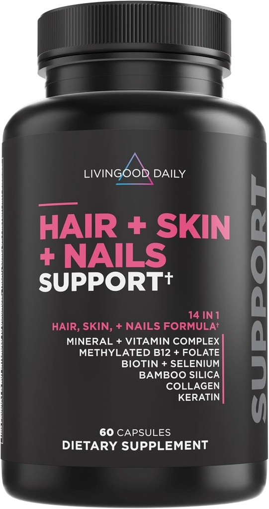 Livingood Daily Hair, Skin & Nails Supplement, 14-in-1 Formula with Biotin, Collagen, Keratin, Wine, Selenium, Folate, B12, çinko ve More, Beauty Supplement for Women & Men, Gluten Free, 60 Capsules