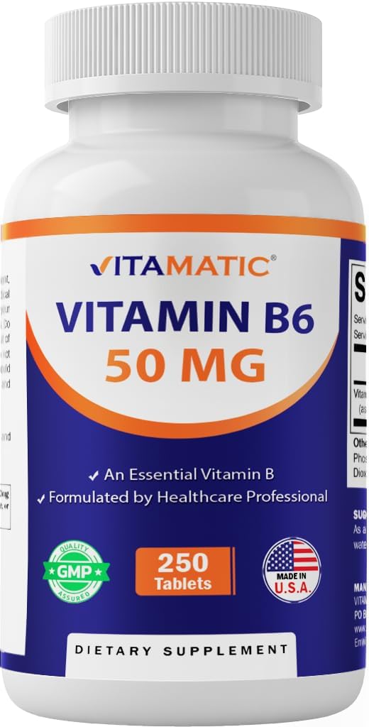 Vitamatic Vitamin B6 (Pyridoksie HCI), 50 mg 250 Vejetaryen Tabletler - Enerji Üretimini teşvik eder, Metabolism ve Immune Health Supports