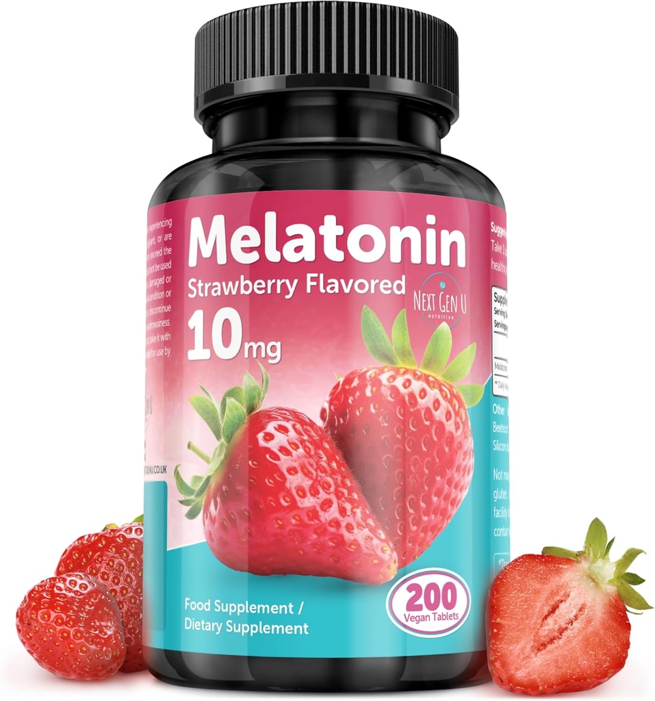 Melatonin Tabletleri - 10 mg Diyetsel Tamam - Strawberry Flavored - 200 Vegan Tablet - SonrakiGenU