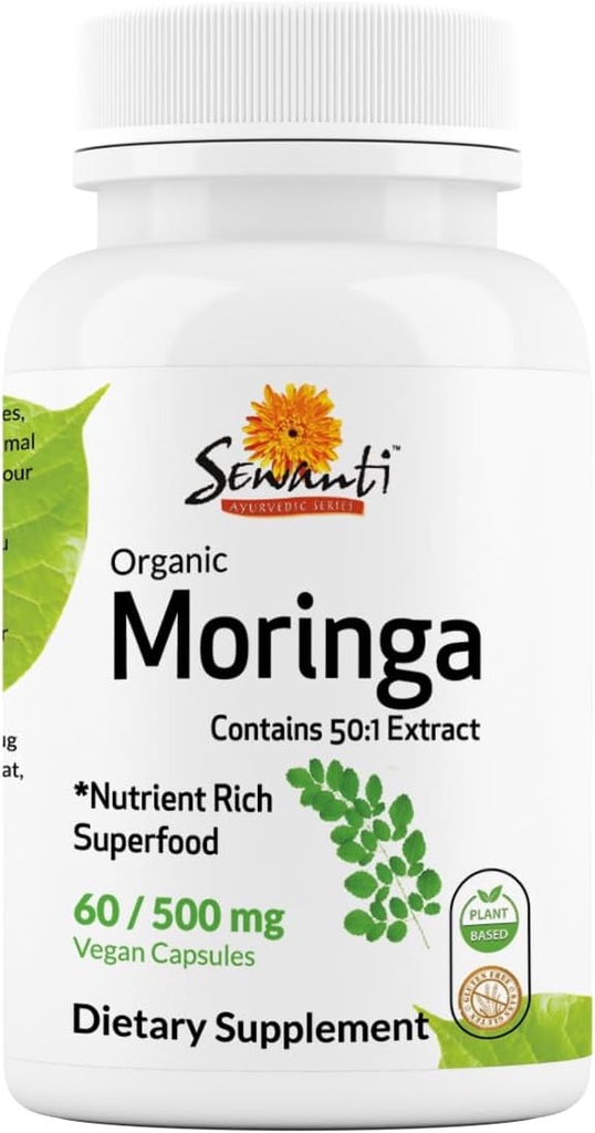 Sewanti Organik Moringa Capsules High Potency - Immune System and Energy Branson - Vitality ve Detoxification desteği için Doğal Superfood 60 Capsules 500 mg