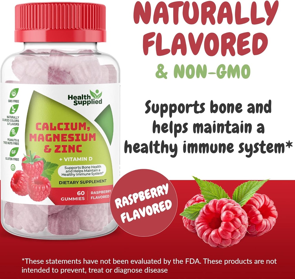 Kalsiyum ve çinko + Vitamin D Gummies | Bone Health Immune Health Energy and Muscle Function | Günlük Diyetsel Vitamin | Yetişkinler için, Gençler | Meyveli Raspberry Flavor