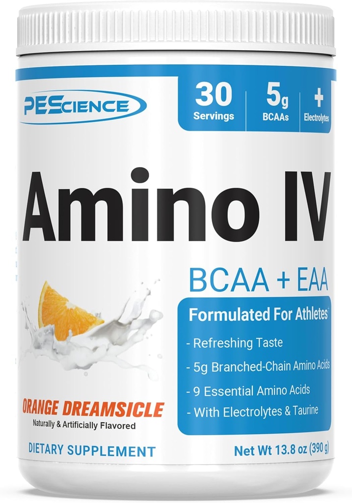 PEScience Amino IV BCAA & EAA Powder, Essential Amino Acids, Taurine, Electrolytes for Hydration and Mus Recovery, Sugar Free for Men & Women, Post Workout - Orange Dreamsicle - 30 Υπηρεσίες