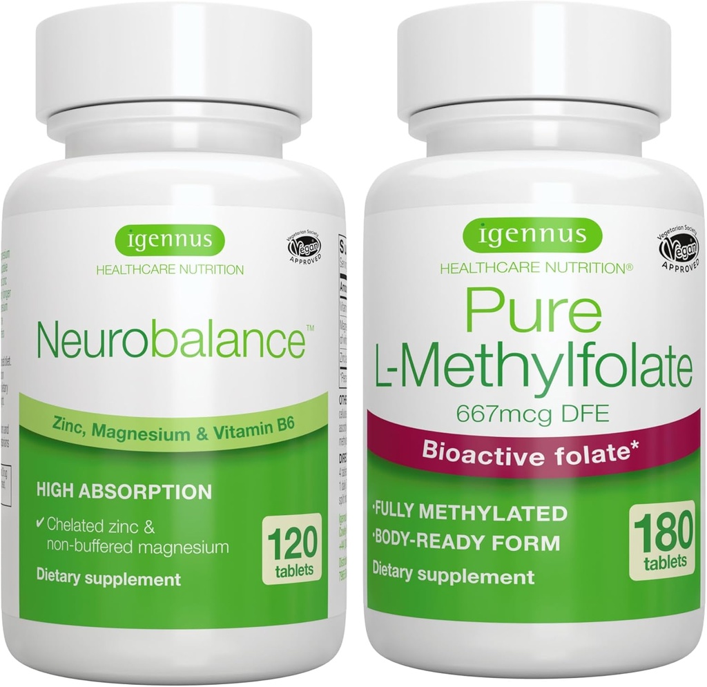 Nörobalance çinko, Magnezyum & Vitamin B6 + Saf Folate 40006 Vegan Sche, Chelated çinko Picolinate 24 mg, Hoffman-Free Magnezyum & Vitamin B6 + Optimized L-Methylfolate, by Igennus