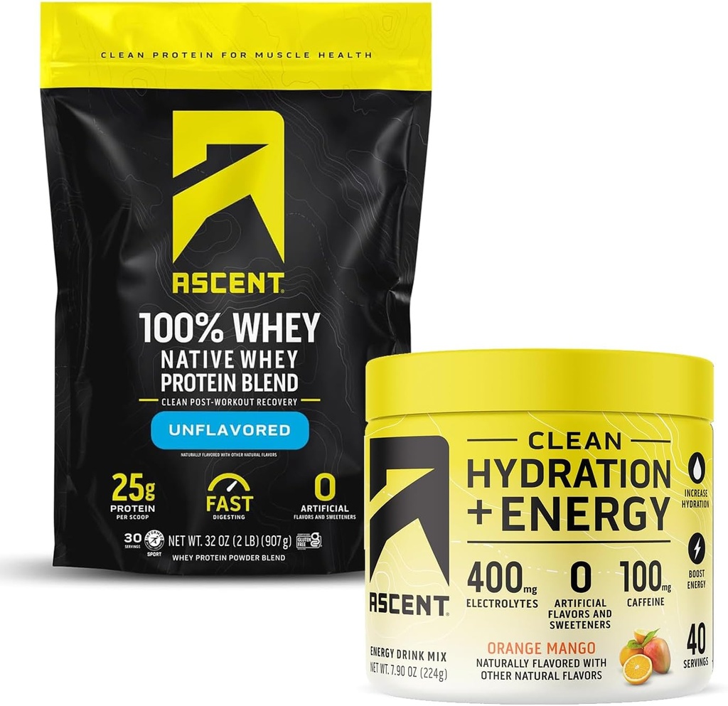 Ανάβαση 100% Whey Protein Powder, Unflavored 2 LB & Hydration + Ηλεκτρολύτες ενέργειας, Orange Mango 40 εξυπηρετούν