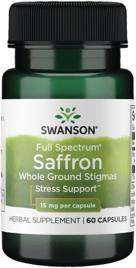Swanson Full Spectrum Saffron (Kimle Ground Stigmas)-Herbal Supplement Doğal Mood Destek ve Stres Yönetimi - Organik İspanyol Saffron Supplement-(60 Veggie Capsules, 15mg Her)