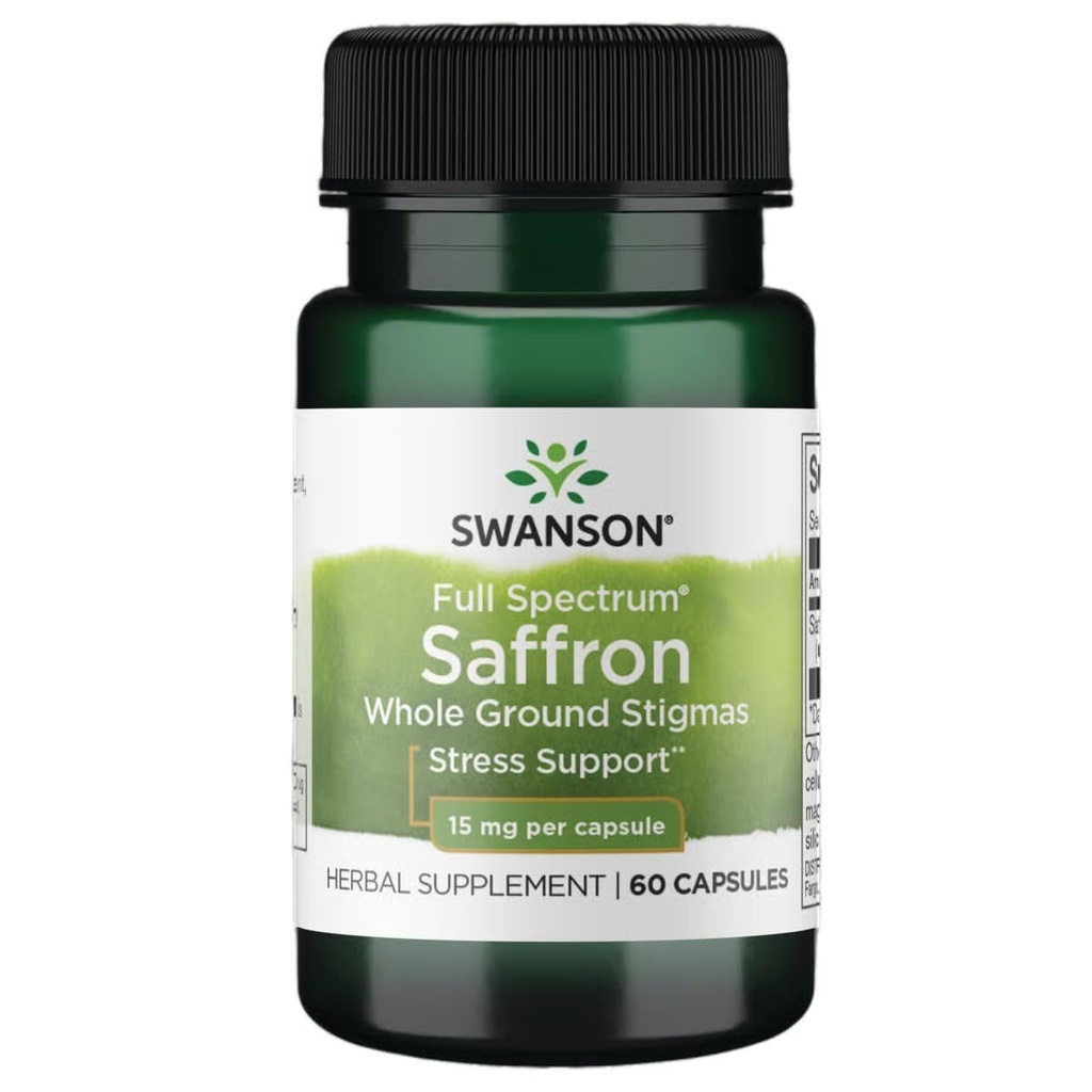 Swanson Full Spectrum Saffron (Kimle Ground Stigmas)-Herbal Supplement Doğal Mood Destek ve Stres Yönetimi - Organik İspanyol Saffron Supplement-(60 Veggie Capsules, 15mg Her)