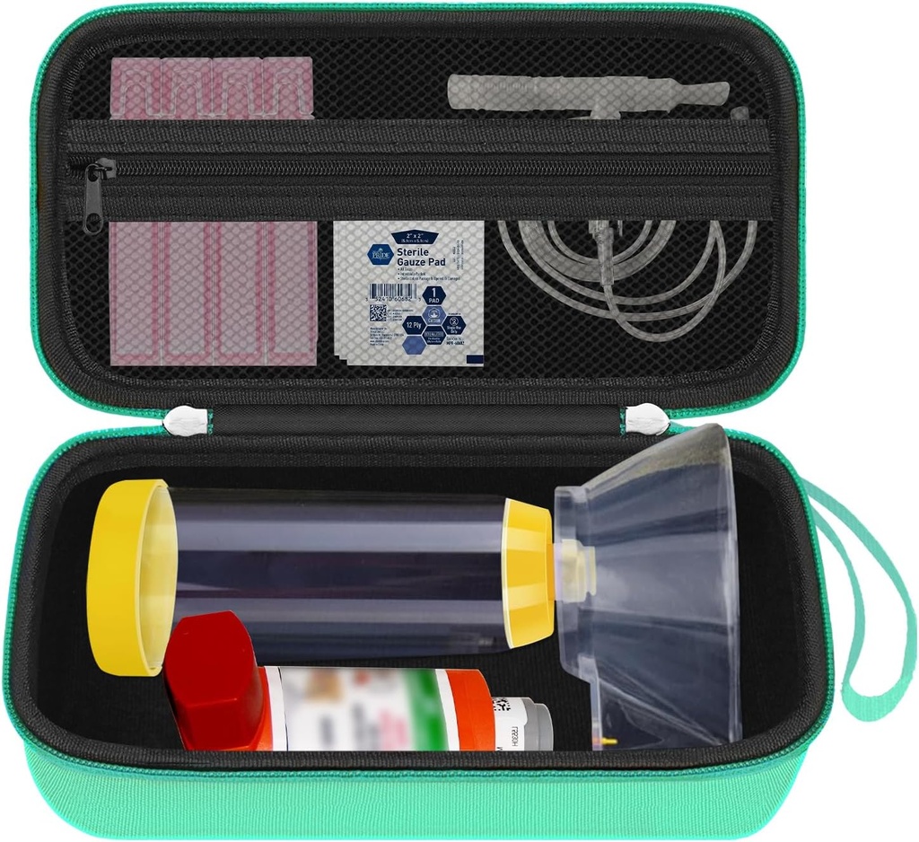 Asthma Inhaler için Hard Travel Case, Inhaler Spacer Case for Kids and Yetişkinler, Maskeler, Asthma Aksesuarları with Me Pocket for Medicine and Other Aksesuarları, Green (CASE NO)