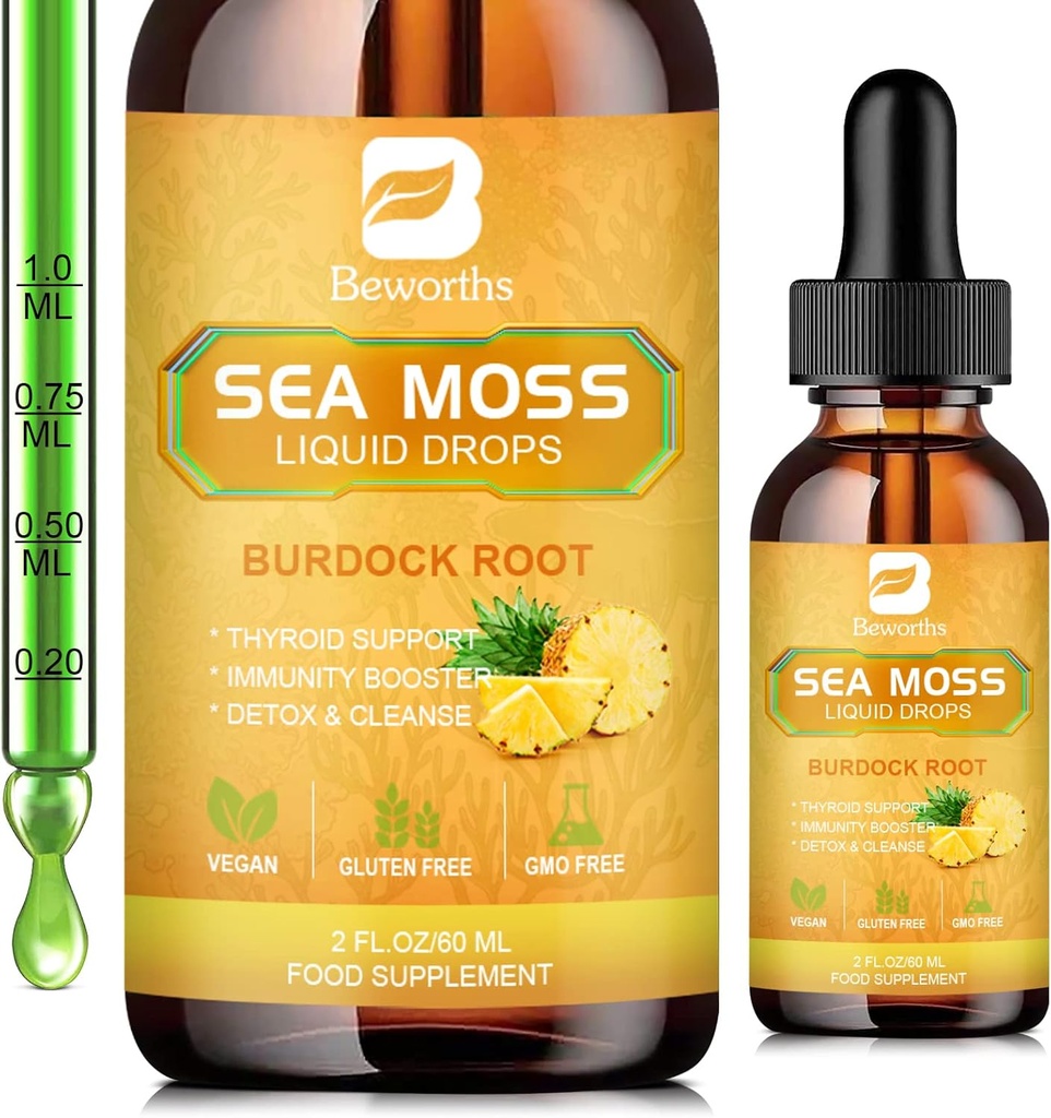 Sea Moss Liquid Drops - Organik İrlandalı Deniz Moss Gel Spirulina, Bladderwrack, Burdock Root, Pinapple Seamoss Gel Supplement for Common, Detox Cleanse & Digestion Support - 2 Fl Oz, Vegan