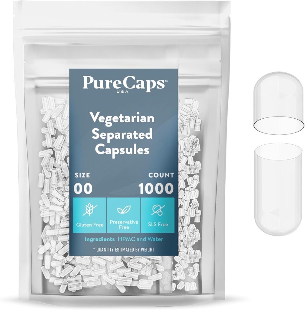 PureCaps USA - Empty Vegetarian and Vegan Pill Capsules Size 00| 1,000 Separated Pills|Clear | Non-GMO Certified | SLS, Gluten, Preservative Free