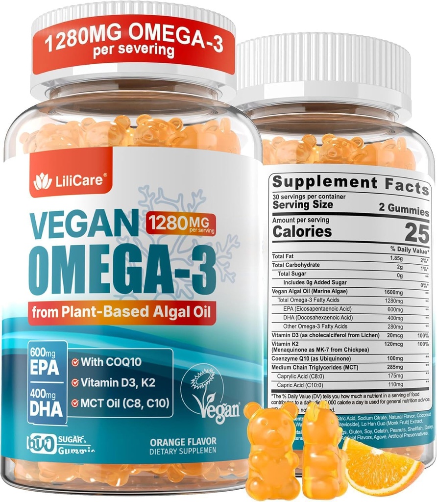 Vegan Omega-3 Gummies 1280 mg + COQ10 + Vitamin D3 K2 (MK7), Omega 3 Fish Oil Alternatif Yetişkinler için w/EPA 600 mg DHA 400 mg & MCT Petrol, No Fish Taste from Marine Algae, for Brain, Eye, Immunity, 1 Pack
