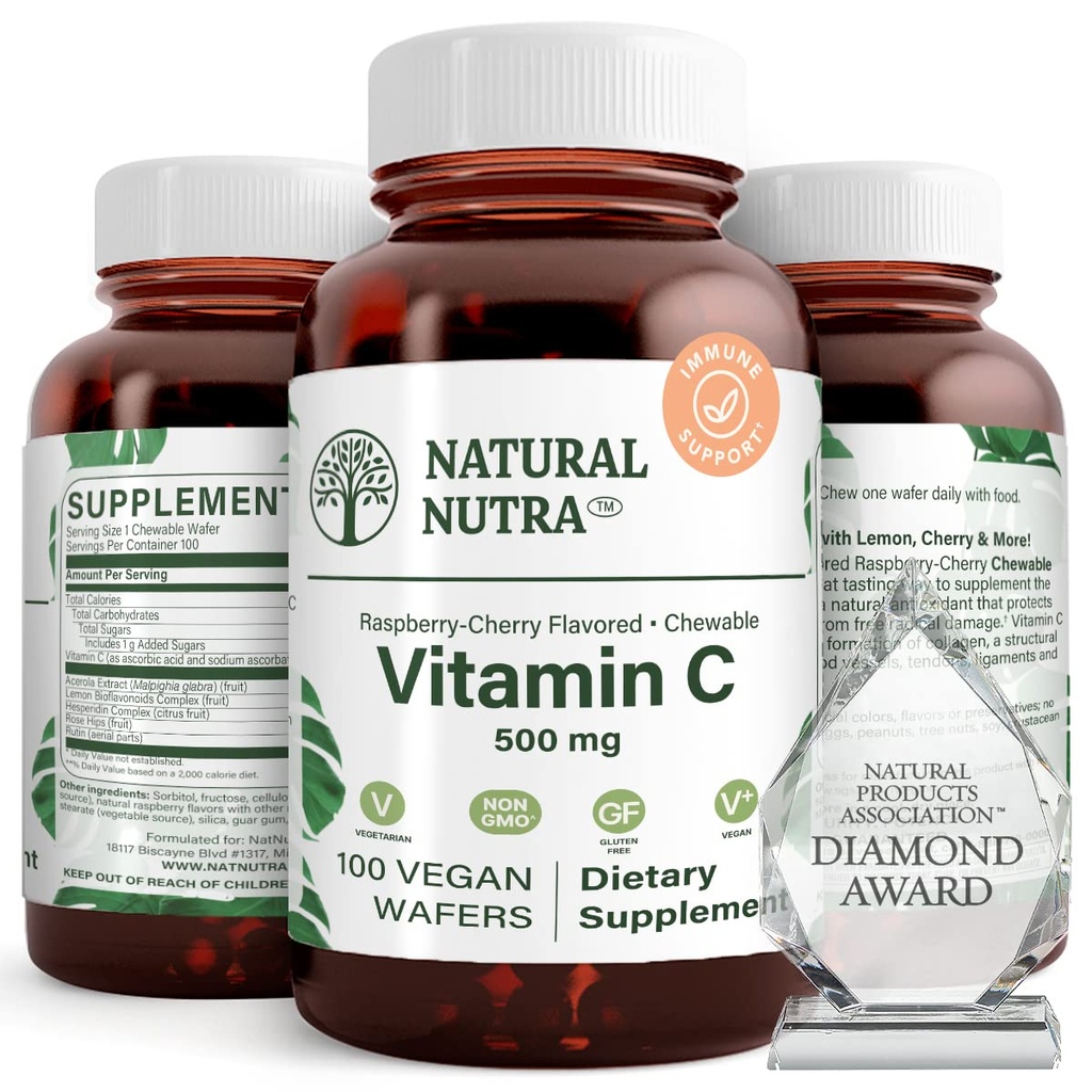 Çocuklar ve Yetişkinler için Doğal Nutra Vitamin C Supplement, Immune Branson, Kemik Sağlığını Destekler, Cilt ve Kalp Sağlığı, Sebze Kaynağını Korumak, 500 mg, 100 Vegan Wafers
