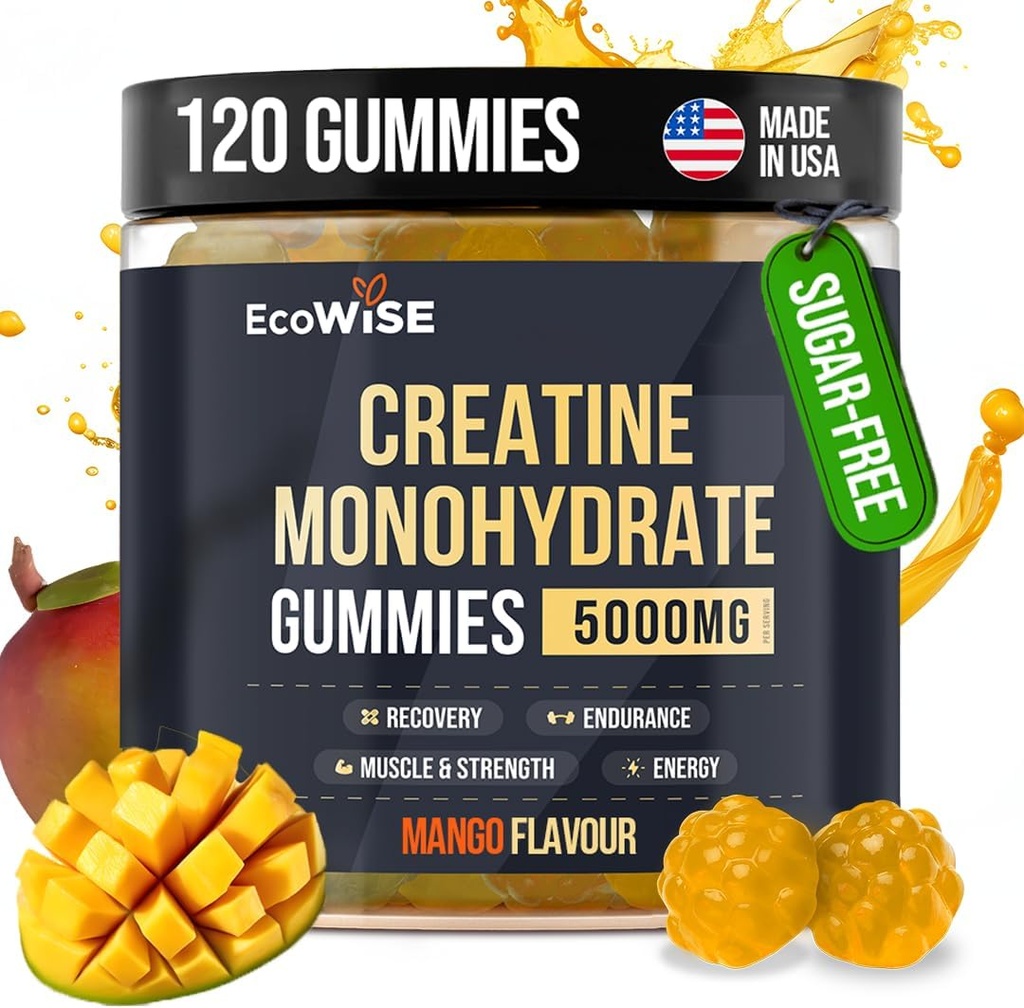 EcoWise Wellness Kretine Monohidrat Gummies 5000 mg, Mango Flavor, 120 Sugar-Free Vegan Chews, Daily Routine Supplement for Daily Routine