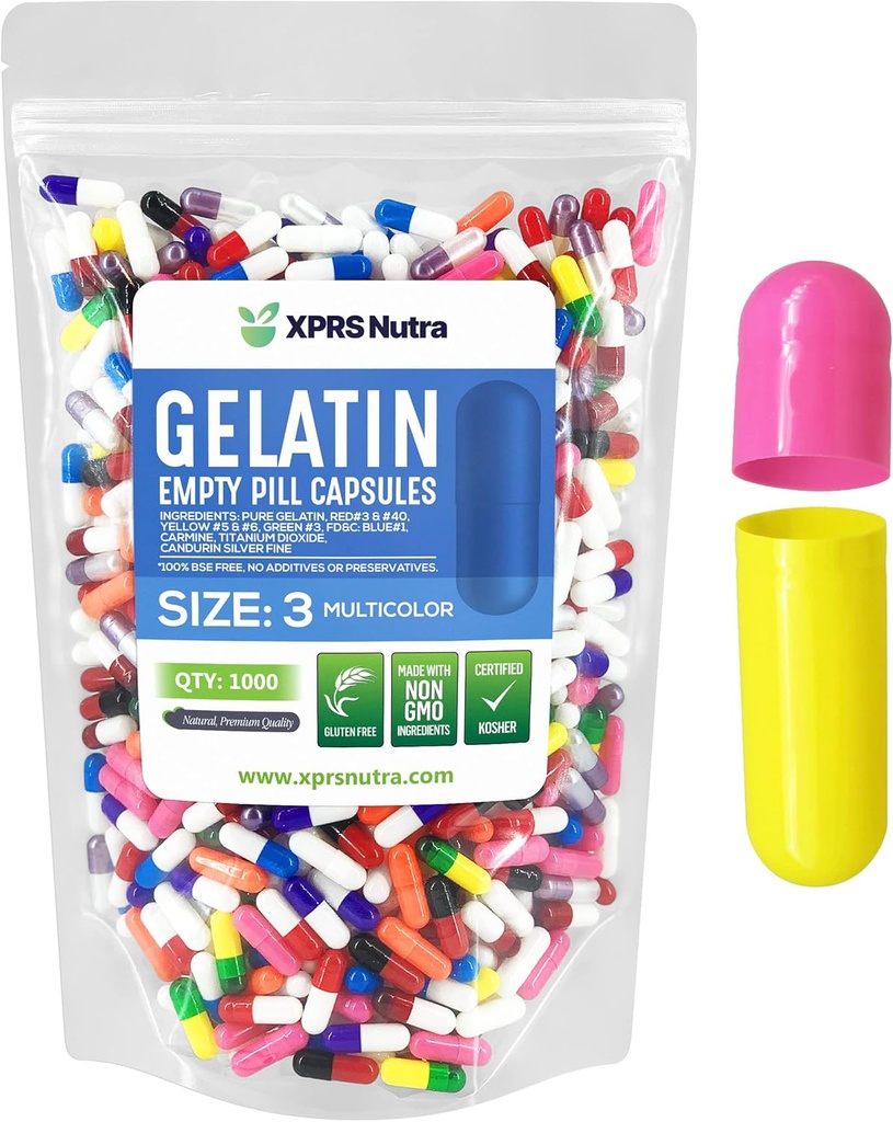 XPRS Nutra Boyutu 3 Boş Kapsüller - 1000 Kont Boş Gelatin Capsules - Pills DIY Capsule - Pure Bovine Pill Gel Caps Fillable Do-It- Yourself Vitamins and Supplements (Multi Color)