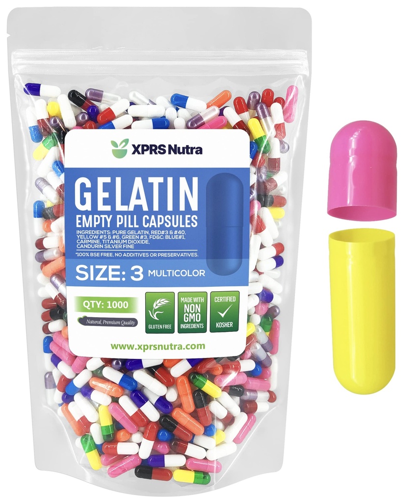 XPRS Nutra Boyutu 3 Boş Kapsüller - 1000 Kont Boş Gelatin Capsules - Pills DIY Capsule - Pure Bovine Pill Gel Caps Fillable Do-It- Yourself Vitamins and Supplements (Multi Color)