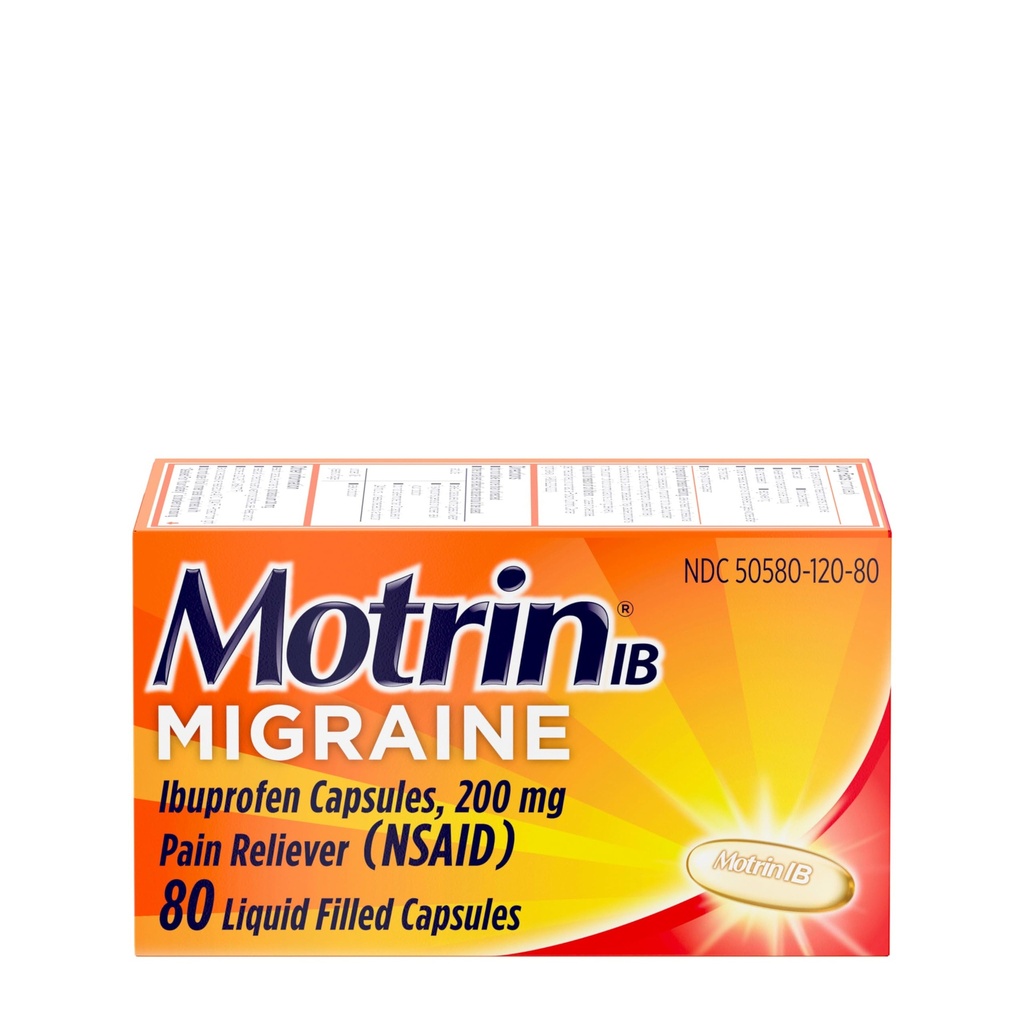 Motrin IB Migraine Relief Liquid Gel Capsules ile 200 mg Ibuprofen per Capsule, Fast & effective Migraine Headache Medicine with NSAID Pain Reliever Ibuprofen, Caffeine-Free, 80 ct