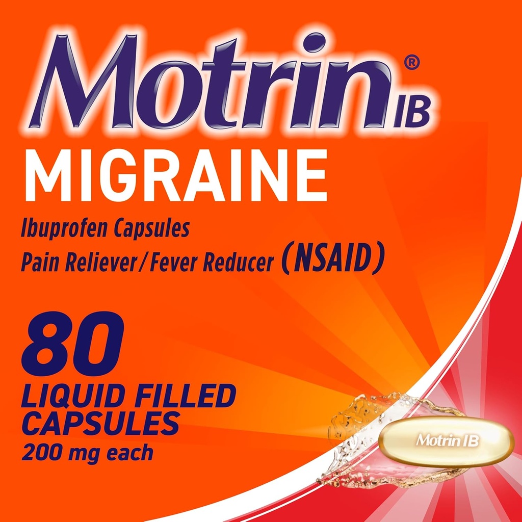 Motrin IB Migraine Relief Liquid Gel Capsules ile 200 mg Ibuprofen per Capsule, Fast & effective Migraine Headache Medicine with NSAID Pain Reliever Ibuprofen, Caffeine-Free, 80 ct