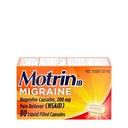 Motrin IB Migraine Relief Liquid Gel Capsules ile 200 mg Ibuprofen per Capsule, Fast & effective Migraine Headache Medicine with NSAID Pain Reliever Ibuprofen, Caffeine-Free, 80 ct