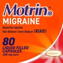 Motrin IB Migraine Relief Liquid Gel Capsules ile 200 mg Ibuprofen per Capsule, Fast & effective Migraine Headache Medicine with NSAID Pain Reliever Ibuprofen, Caffeine-Free, 80 ct