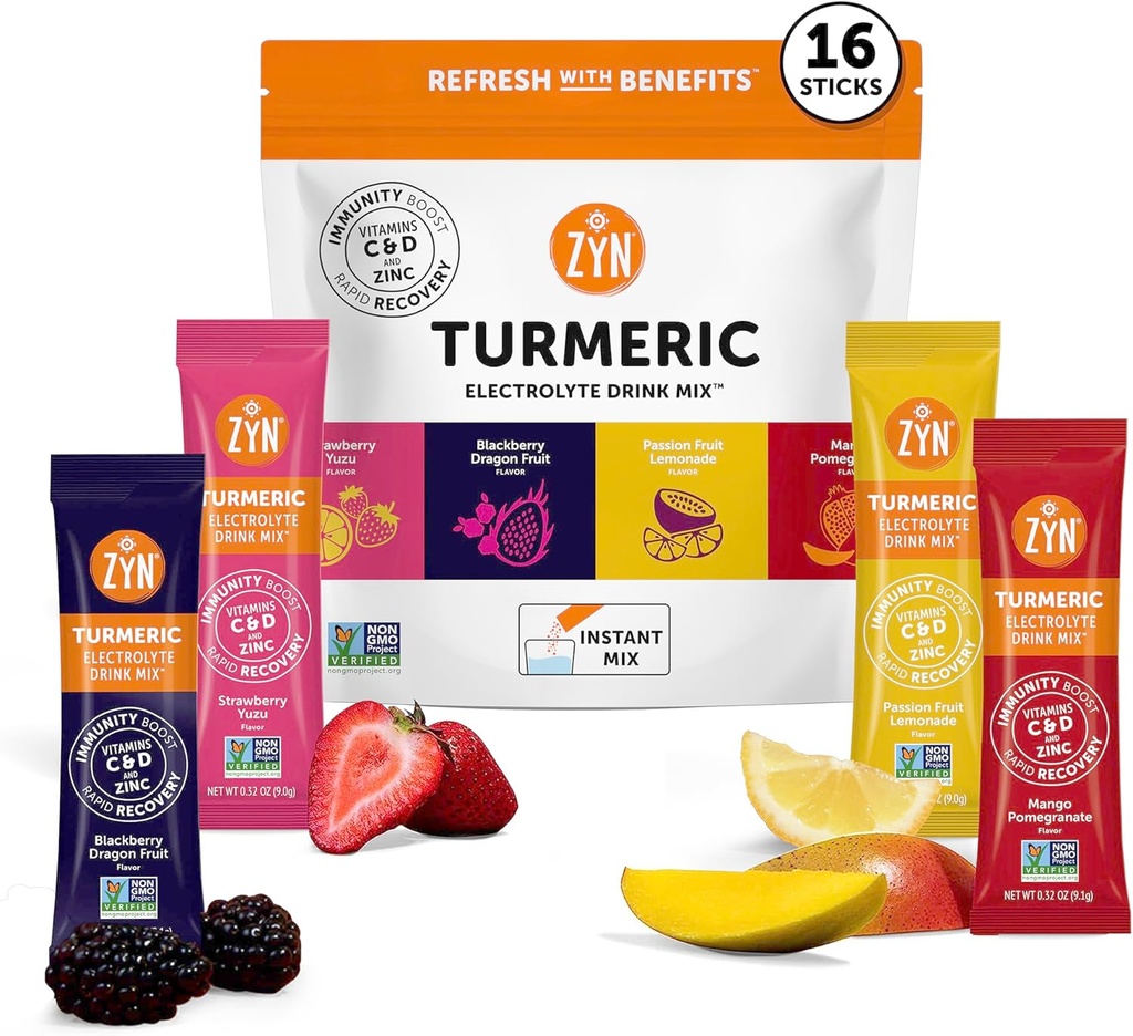 ZYN Electrolyte Drink Mix Hydration Packets, Electrolytes Powder, Hydration Packets w/Turmeric Curcumin, Vitamin C and D, Zinc, Hydrate Electrolyte Powder Packets for Wellness, Variety Pack of 16