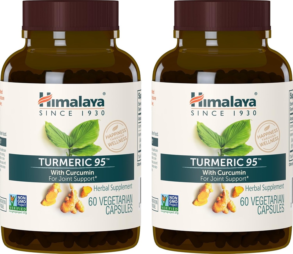 Himalaya Turmeric 95 Συμπλήρωμα με Κουρκουμίνη / Κουρκουμινοειδή, Κοινή και Μυϊκή Υποστήριξη, Βέλτιστη Ευελιξία και Κινητικότητα, 600 mg, Μη ΓΤΟ, Vegan, Χωρίς Γλουτένη, 60 Κάψουλες, 2 Συσκευασία, 60 Ημέρα Προμήθεια