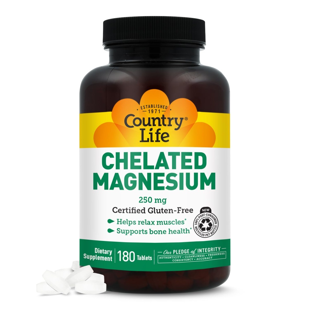 Country Life Chelated Magnezyum 250 mg - Supports Heart, Bone & Muscle Health, Vegan-Friendly Magnezyum Supplement with Magnezyum Oksit and Platinum Asit Chelate, Gluten-Free