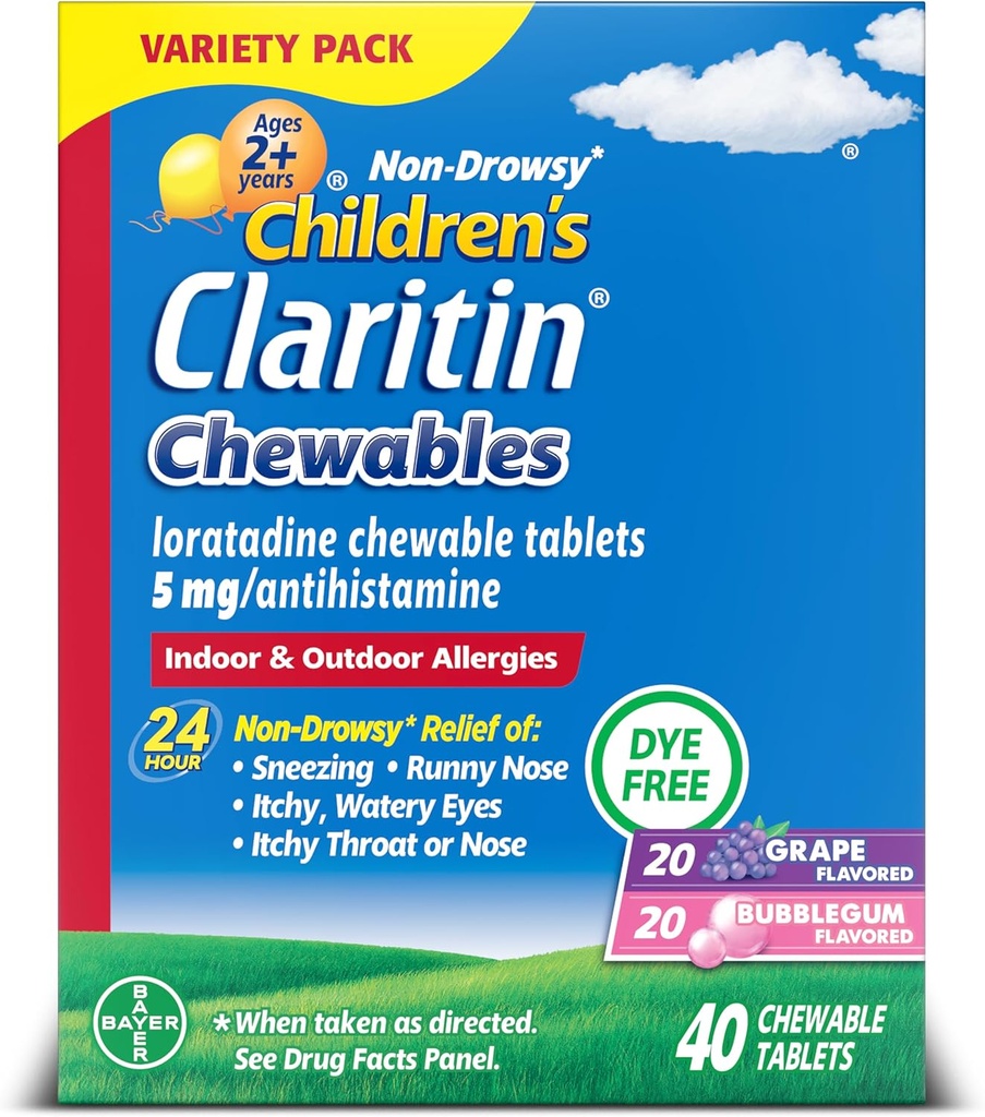 Claritin Çocuk Alerji ilacı, 24 Saat Odaksız Loratadine 5 mg Chewable Tablet, Çocuk Yaşları 2 Yıl ve Yaşlılar için Antihistamin, Grape & Gum Flavors, 40 Tablet