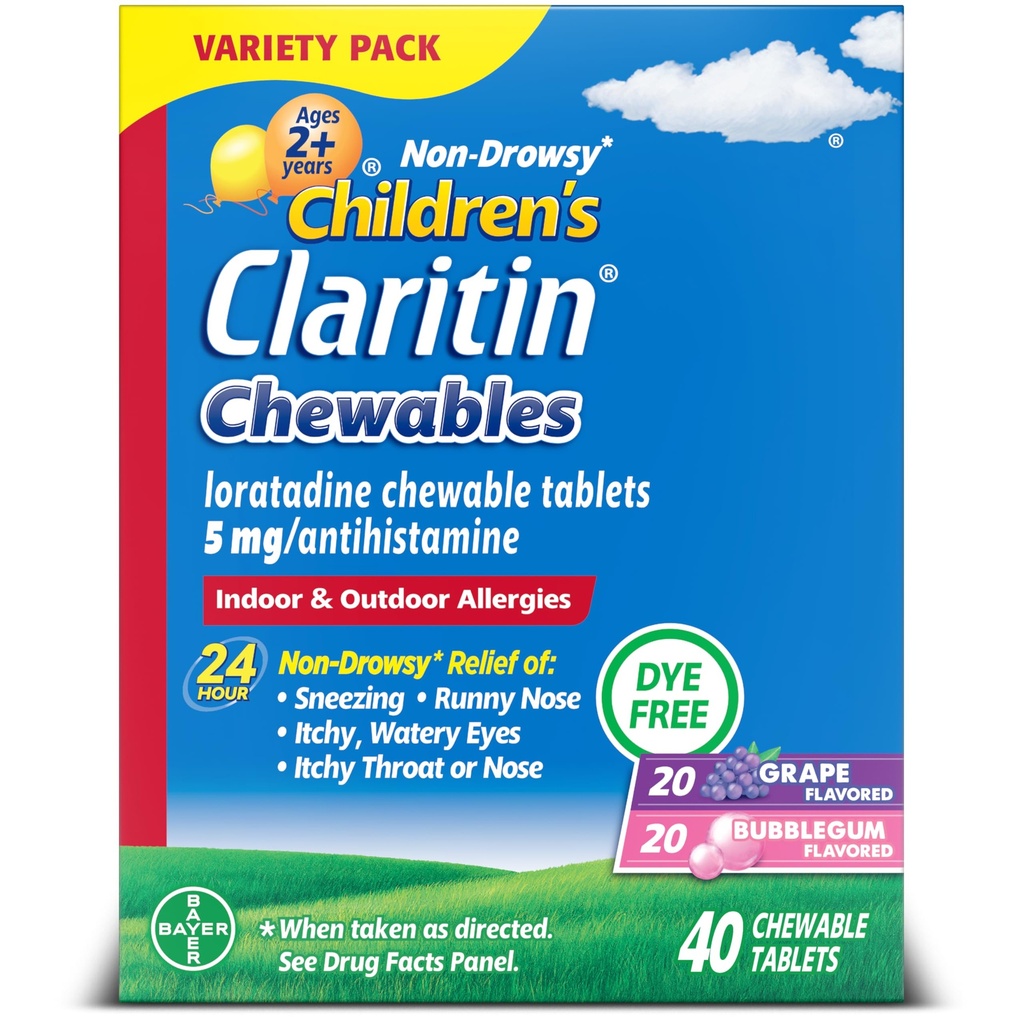 Claritin Παιδική Αλλεργία Ιατρική, 24ωρη Μη- Νυχθηρή Λοραταδίνη 5mg Μασώμενο δισκίο, Αντιισταμινικό για Παιδιά Ηλικίες 2 ετών και Παλαιότεροι, Σταφυλόχορτο & Φυσαλίδες Γεύσεις, 40 δισκία