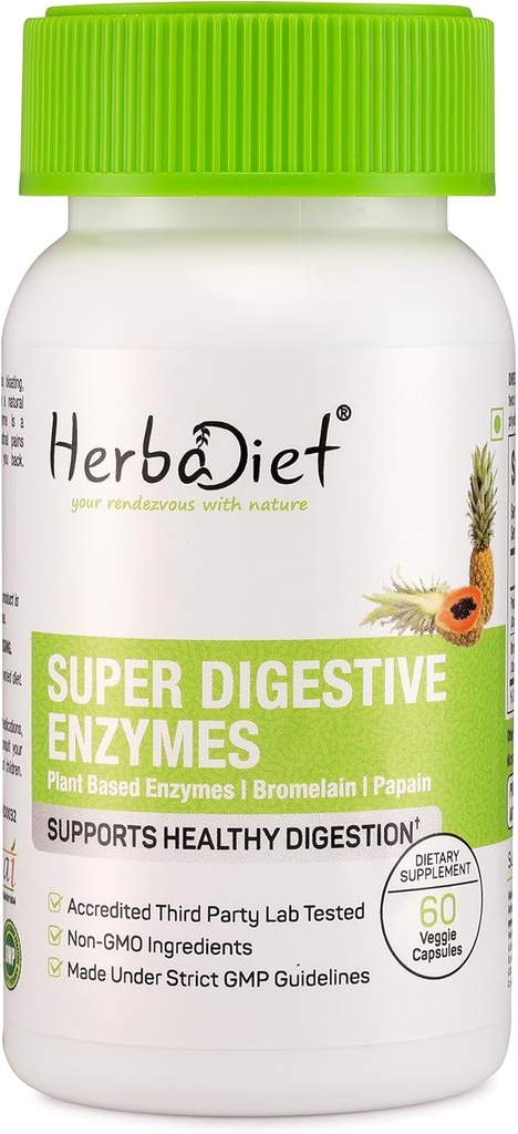Herbadiet Digestive Enzyme Supplements | Bromelain & Papain Extract 500 mg Capsules | Proteolytic Enzymes with Lipase Lactase Amylase (60 Capsules)