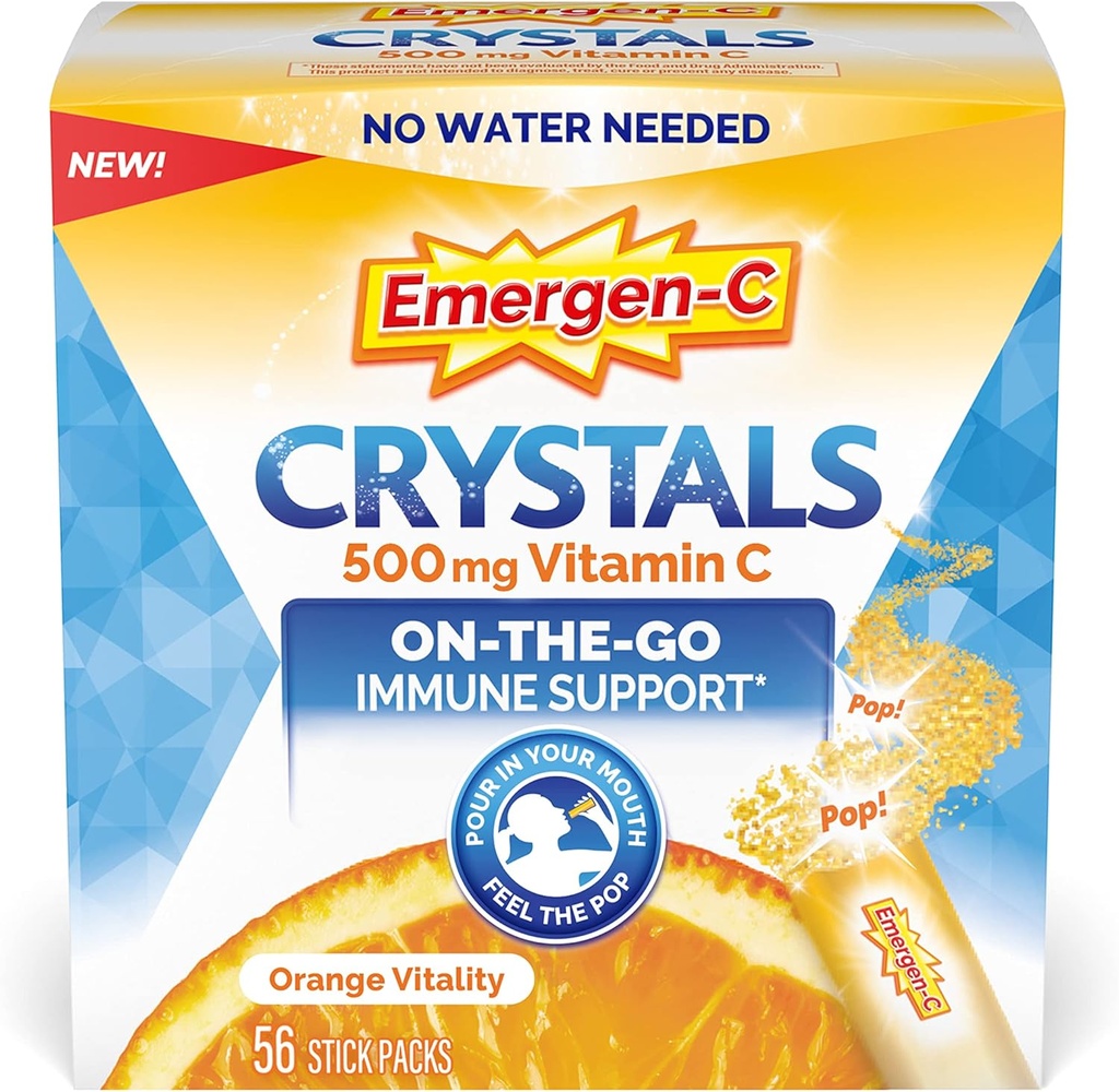 Emergen-C Crystals, On-the-Go Emergen-C Immune Support Supplement with Vitamin C, B Vitamins, çinko ve Manganese, Orange Vitality - 56 Stick Packs