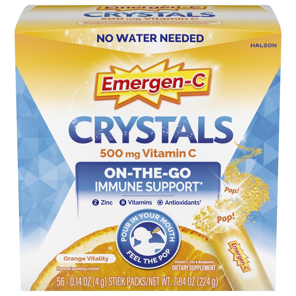 Emergen-C Crystals, On-the-Go Emergen-C Immune Support Supplement with Vitamin C, B Vitamins, çinko ve Manganese, Orange Vitality - 56 Stick Packs