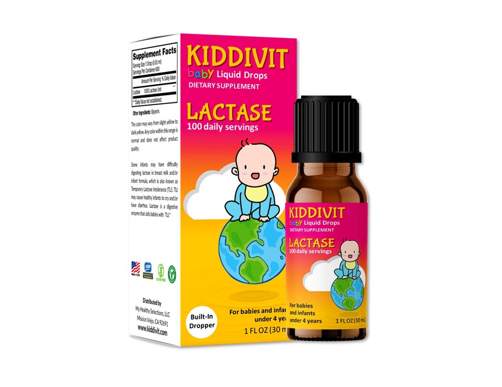 Kiddivit Bebek Lactase Drops 1000 Birimler – Gentle Digestive Support Enzyme Supplement – 100 Günlük Hizmetler – İnşa Edilmiş Dropper, Glass Şişe – Gluten Free, Vegetarian, 1oz