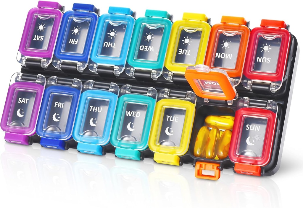 Fullicon Moisture Kanıt Pill Organizer 2 Times bir gün, Büyük 7 Gün Kutusu, Spill Kanıtı, Seyahat Konteyneri, Tıp Güvenli Lidlarla Organize (Rainbow Black)