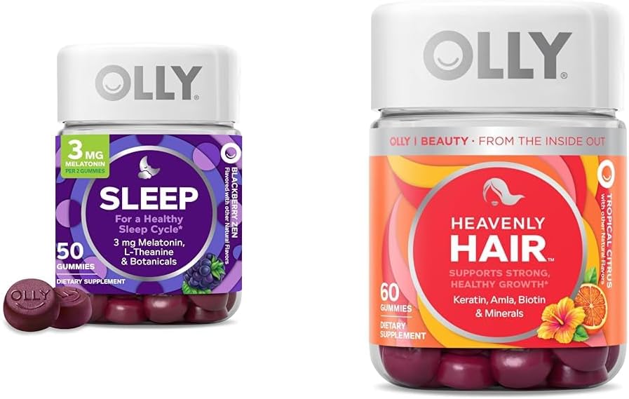 OLLY Sleep Gummy with Melatonin, L-Theanine, Botanicals, BlackBerry Flavor, 50 Kont & Heavenly Hair Gummy with Keratin, Biotin, AMLA, Tropikal Orange Flavor, 60 Count Sche