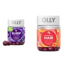 OLLY Sleep Gummy with Melatonin, L-Theanine, Botanicals, BlackBerry Flavor, 50 Kont & Heavenly Hair Gummy with Keratin, Biotin, AMLA, Tropikal Orange Flavor, 60 Count Sche
