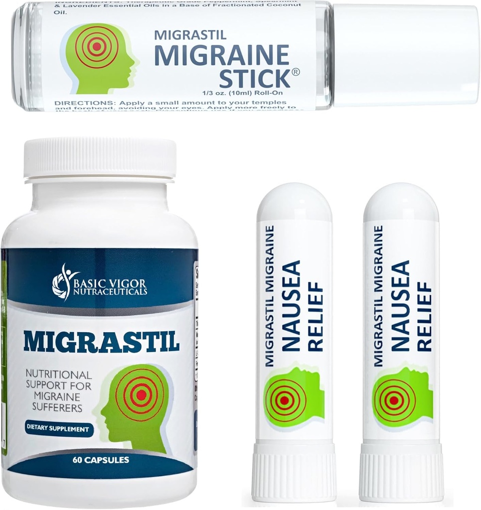 Temel Vigor Migrastil Migraine Support Kit with Migraine Stick, Capsules & Nausea Inhaler. ABD'de Made in the USA