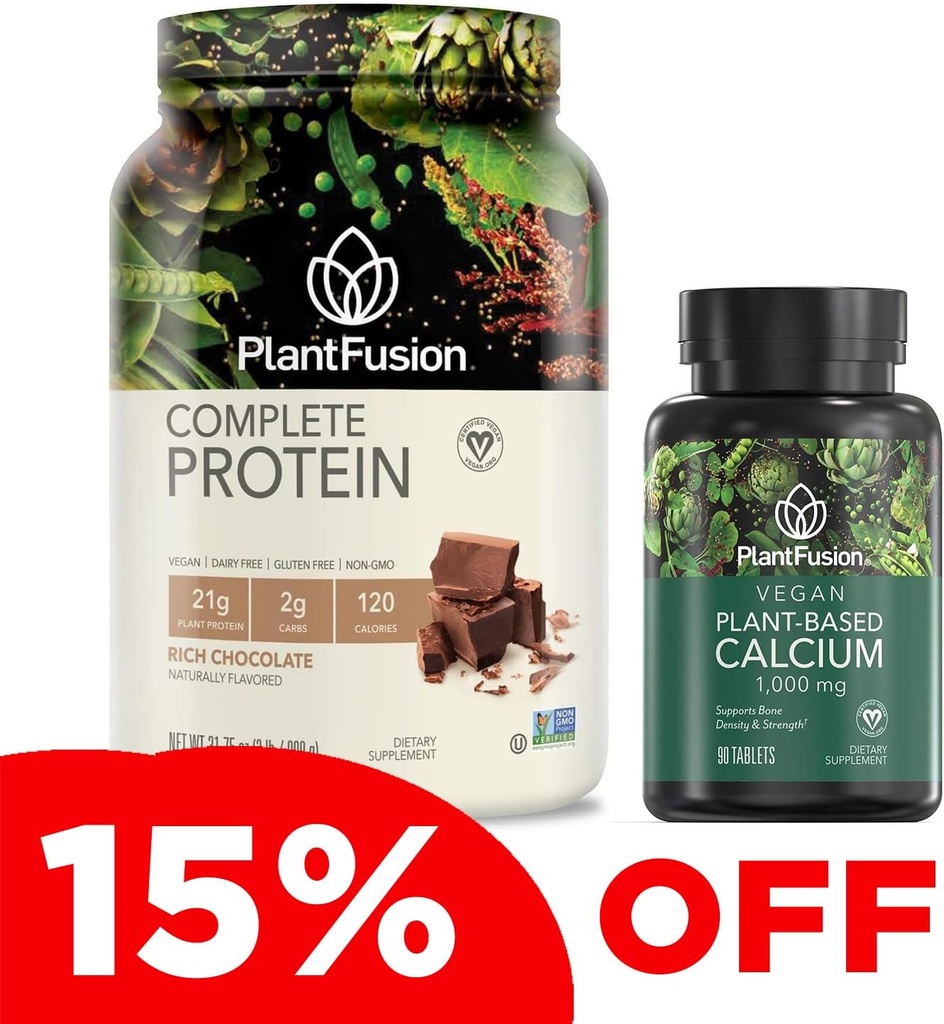 PlantFusion Complete Vegan Protein Powder & Calcium Bundle - Σκόνη πρωτεΐνης με BCAAs, Digestive Enzymes και Pea Protein